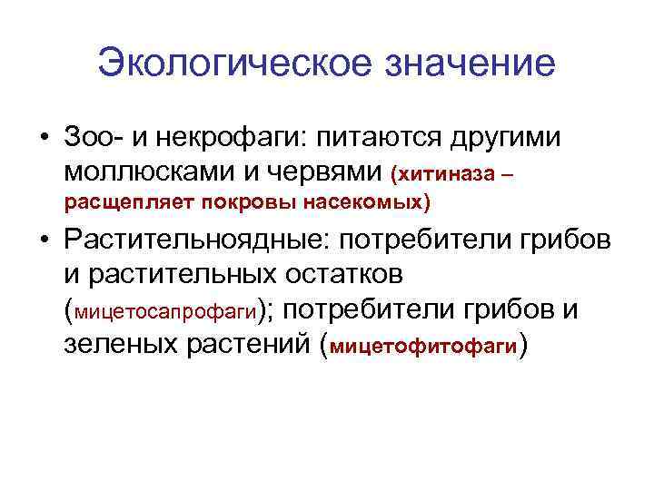Экологическое значение • Зоо- и некрофаги: питаются другими моллюсками и червями (хитиназа – расщепляет