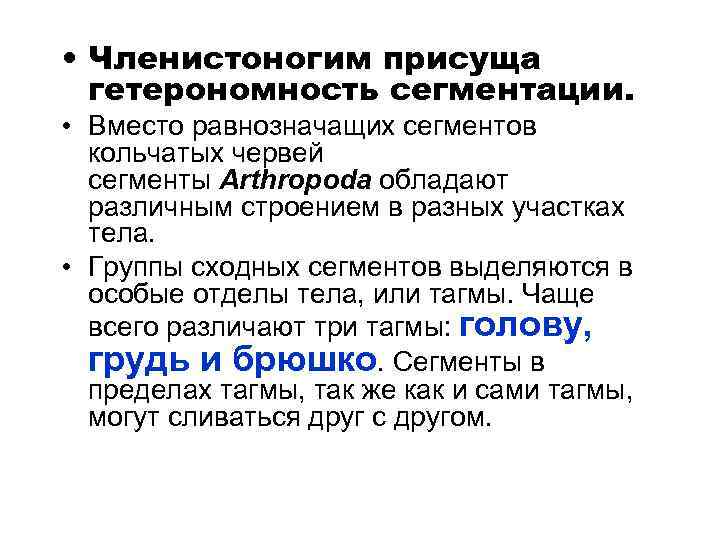  • Членистоногим присуща гетерономность сегментации. • Вместо равнозначащих сегментов кольчатых червей сегменты Arthropoda