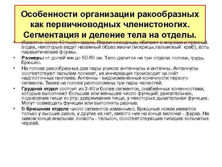  • • • Особенности оpганизации pакообpазных как пеpвичноводных членистоногих. Сегментация и деление тела