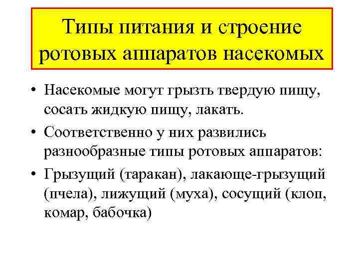 Типы питания и строение ротовых аппаратов насекомых • Насекомые могут грызть твердую пищу, сосать