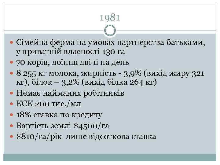 1981 Сімейна ферма на умовах партнерства батьками, у приватній власності 130 га 70 корів,