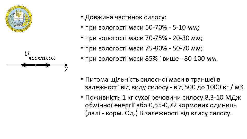  • Довжина частинок силосу: • при вологості маси 60 -70% - 5 -10