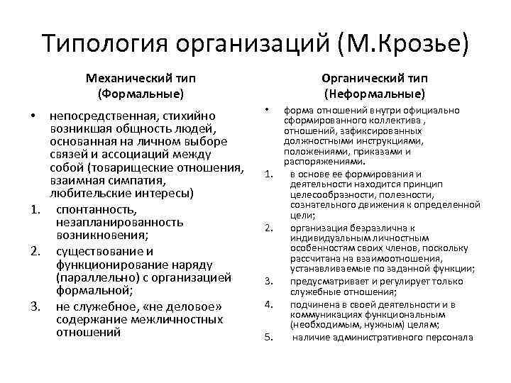 Типология организаций (М. Крозье) Механический тип (Формальные) непосредственная, стихийно возникшая общность людей, основанная на