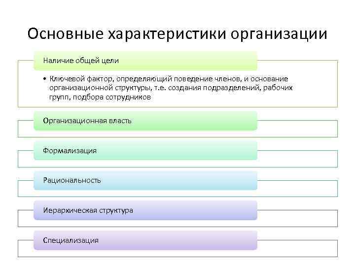 Основные характеристики организации Наличие общей цели • Ключевой фактор, определяющий поведение членов, и основание