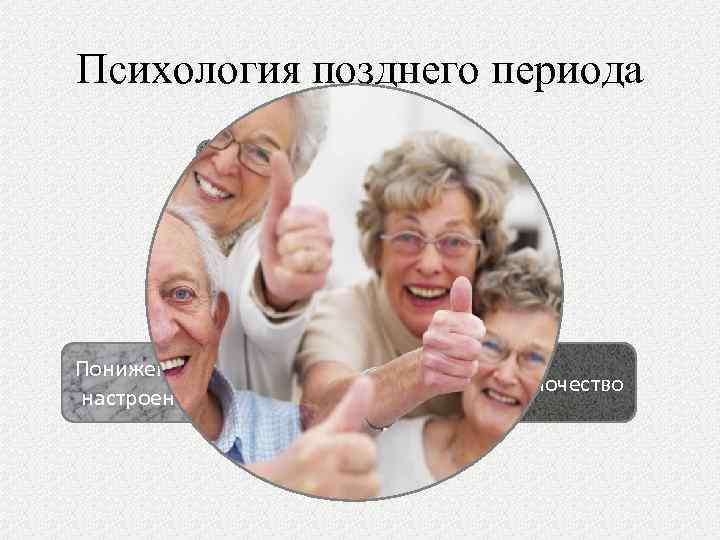 Психология позднего периода Старость как травмирующий фактор Пониженное настроение Внутренняя пустота Одиночество 