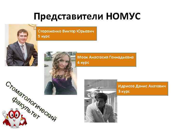 Представители НОМУС Стороженко Виктор Юрьевич 5 курс Моок Анастасия Геннадьевна 4 курс Ст ом