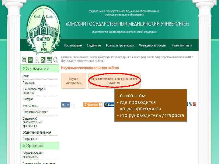 - список тем - где проводится - когда проводится - кто руководитель /староста 