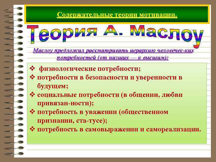 Содержательные теории мотивации. Маслоу предложил рассматривать иерархию человечес ких потребностей (от низших — к