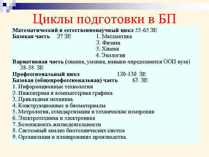 Циклы подготовки в БП Математический и естественнонаучный цикл 55 -65 ЗЕ Базовая часть 27