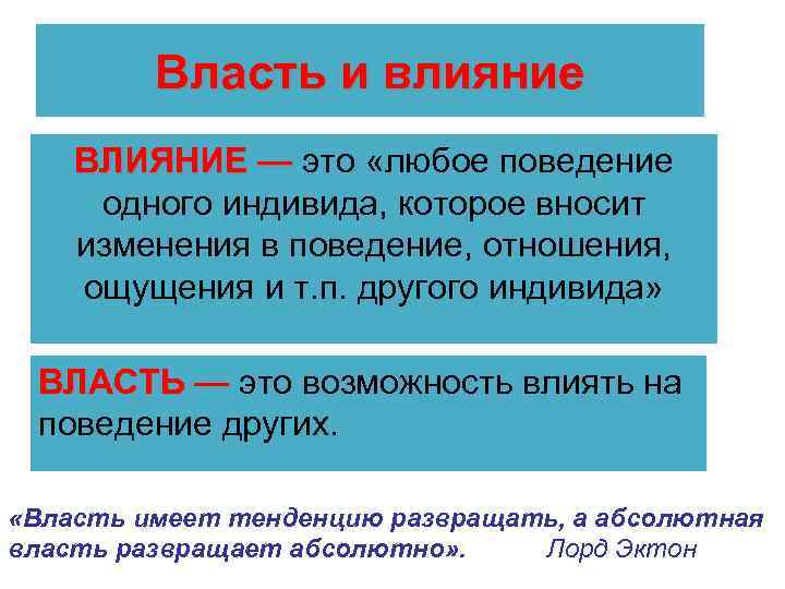 Власть и влияние ВЛИЯНИЕ — это «любое поведение ВЛИЯНИЕ — одного индивида, которое вносит