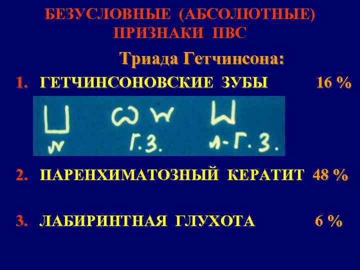 БЕЗУСЛОВНЫЕ (АБСОЛЮТНЫЕ) ПРИЗНАКИ ПВС Триада Гетчинсона: 1. ГЕТЧИНСОНОВСКИЕ ЗУБЫ 16 % 2. ПАРЕНХИМАТОЗНЫЙ КЕРАТИТ