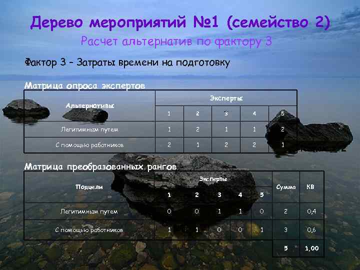 Дерево мероприятий № 1 (семейство 2) Расчет альтернатив по фактору 3 Фактор 3 –