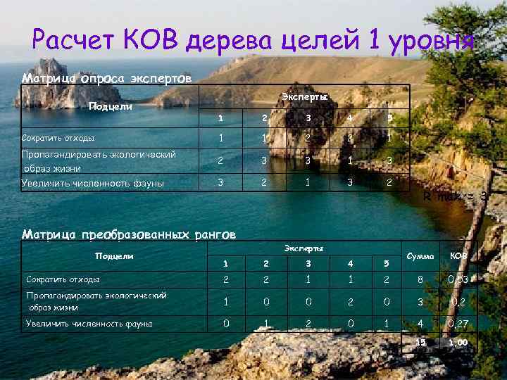 Расчет КОВ дерева целей 1 уровня Матрица опроса экспертов Подцели Эксперты Пропагандировать экологический образ