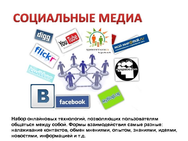 СОЦИАЛЬНЫЕ МЕДИА Набор онлайновых технологий, позволяющих пользователям общаться между собой. Формы взаимодействия самые разные: