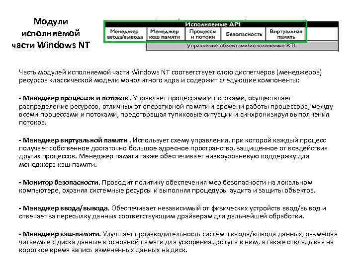 Модули исполняемой части Windows NT Часть модулей исполняемой части Windows NT соответствует слою диспетчеров