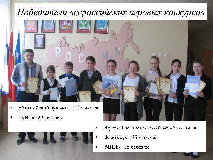 Победители всероссийских игровых конкурсов • «Английский бульдог» - 18 человек • «КИТ» - 20