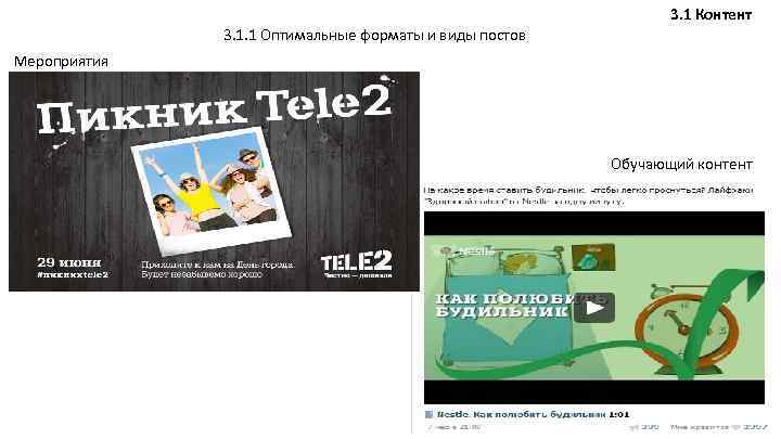 3. 1 Контент 3. 1. 1 Оптимальные форматы и виды постов Мероприятия Обучающий контент