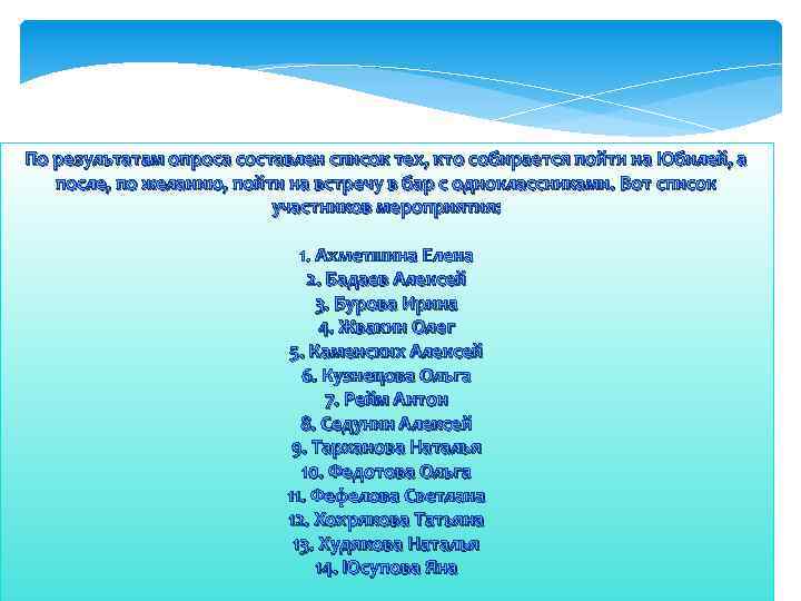 По результатам опроса составлен список тех, кто собирается пойти на Юбилей, а после, по