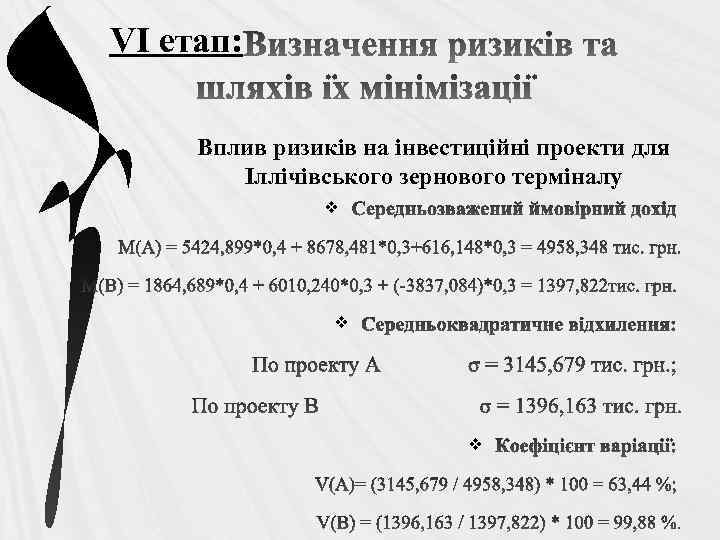 VІ етап: Вплив ризиків на інвестиційні проекти для Іллічівського зернового терміналу v v v