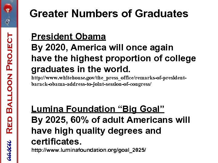 Red Balloon Project Greater Numbers of Graduates President Obama By 2020, America will once