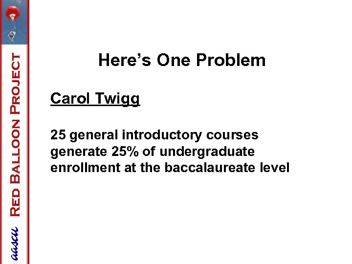 Red Balloon Project Here’s One Problem Carol Twigg 25 general introductory courses generate 25%