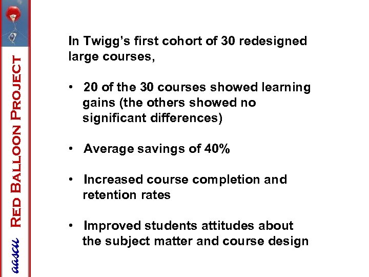 Red Balloon Project In Twigg’s first cohort of 30 redesigned large courses, • 20