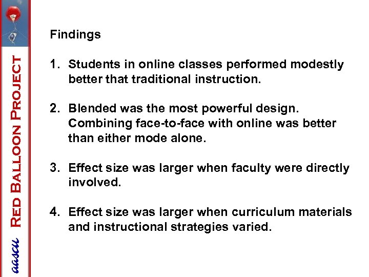 Red Balloon Project Findings 1. Students in online classes performed modestly better that traditional