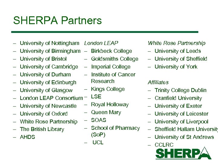 SHERPA Partners – – – – University of Nottingham London LEAP University of Birmingham