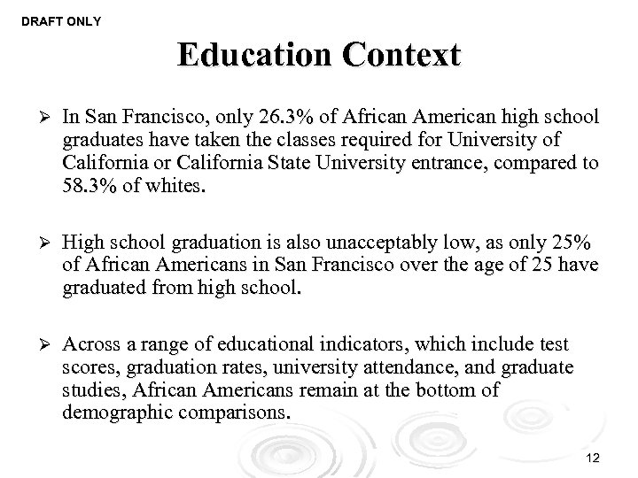 DRAFT ONLY Education Context Ø In San Francisco, only 26. 3% of African American
