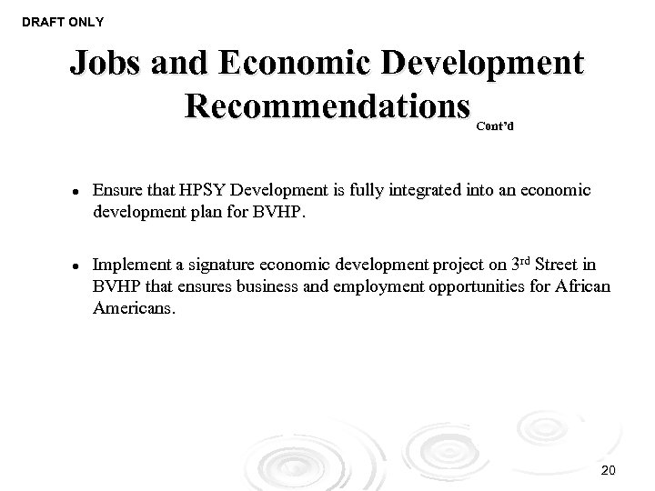 DRAFT ONLY Jobs and Economic Development Recommendations Cont’d l l Ensure that HPSY Development