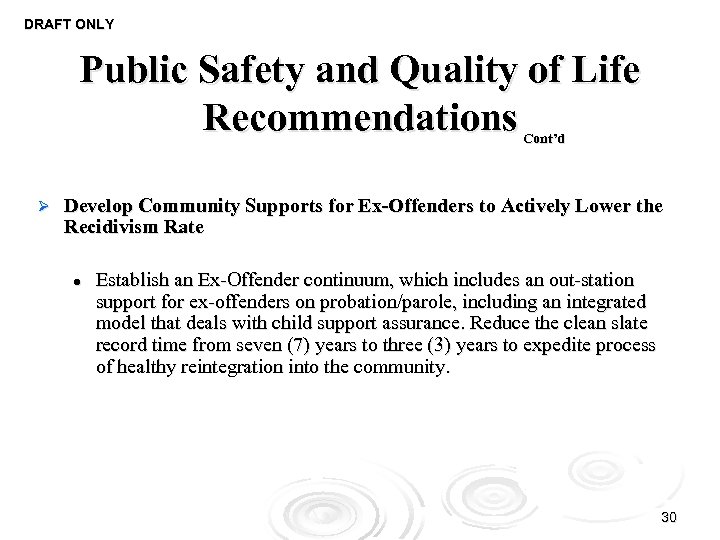 DRAFT ONLY Public Safety and Quality of Life Recommendations Cont’d Ø Develop Community Supports