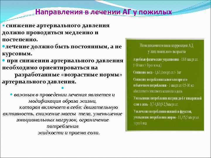 Направления в лечении АГ у пожилых снижение артериального давления должно проводиться медленно и постепенно.