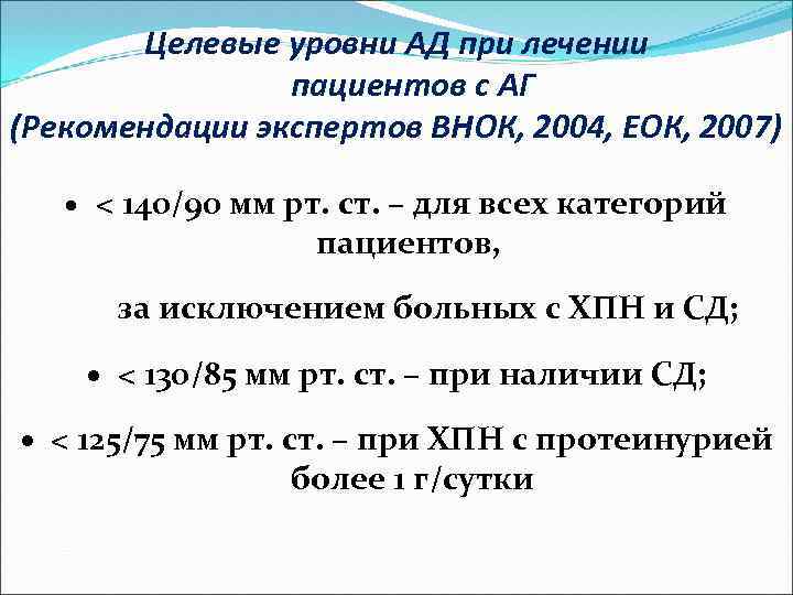 Целевые уровни АД при лечении пациентов с АГ (Рекомендации экспертов ВНОК, 2004, ЕОК, 2007)