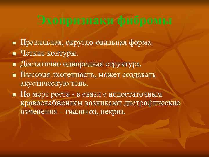 Эхопризнаки фибромы n n n Правильная, округло-овальная форма. Четкие контуры. Достаточно однородная структура. Высокая