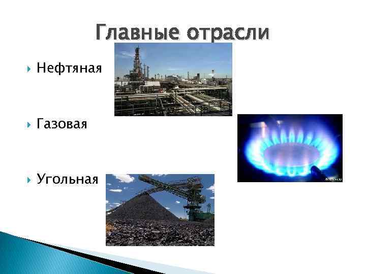 Главные отрасли Нефтяная Газовая Угольная 