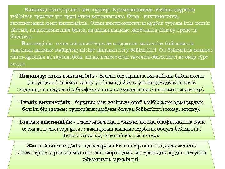 Виктимділіктің түсінігі мен түрлері. Криминологияда vіctіma (құрбан) түбірінен тұратын үш түрлі ұғым қолданылады. Олар