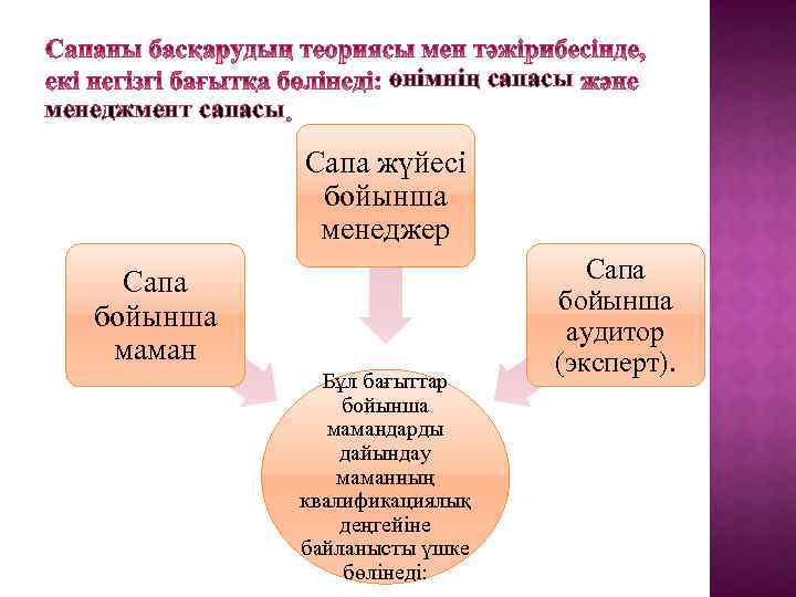 өнімнің сапасы менеджмент сапасы Сапа жүйесі бойынша менеджер Сапа бойынша маман Бұл бағыттар бойынша