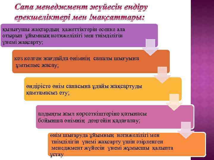 қызығушы жақтардың қажеттіктерін есепке ала отырып ұйымның нәтижелілігі мен тиімділігін үнемі жақсарту; кез келген