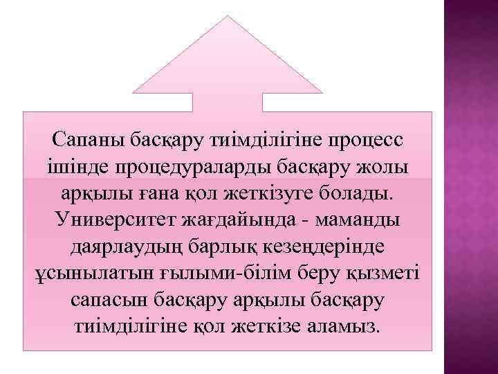 Сапаны басқару тиімділігіне процесс ішінде процедураларды басқару жолы арқылы ғана қол жеткізуге болады. Университет