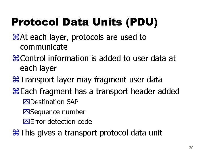 Protocol Data Units (PDU) z At each layer, protocols are used to communicate z