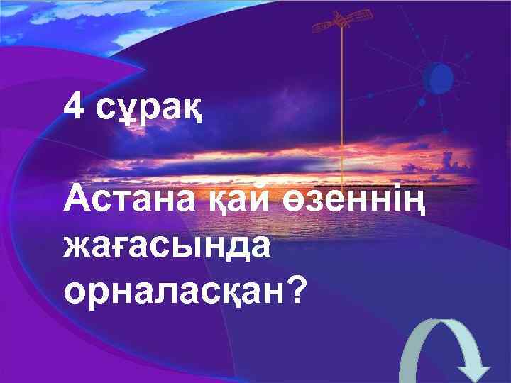 4 сұрақ Астана қай өзеннің жағасында орналасқан? 