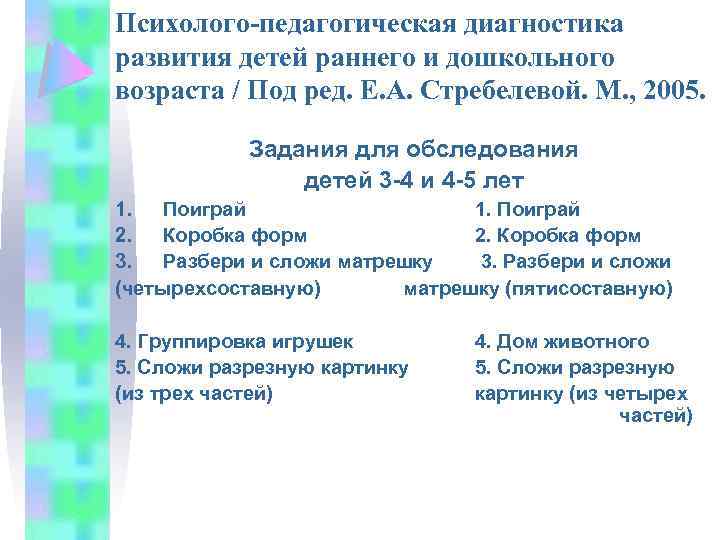 Психолого-педагогическая диагностика развития детей раннего и дошкольного возраста / Под ред. Е. А. Стребелевой.