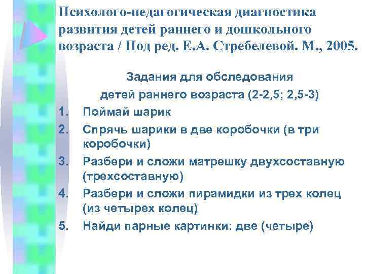 Психолого-педагогическая диагностика развития детей раннего и дошкольного возраста / Под ред. Е. А. Стребелевой.