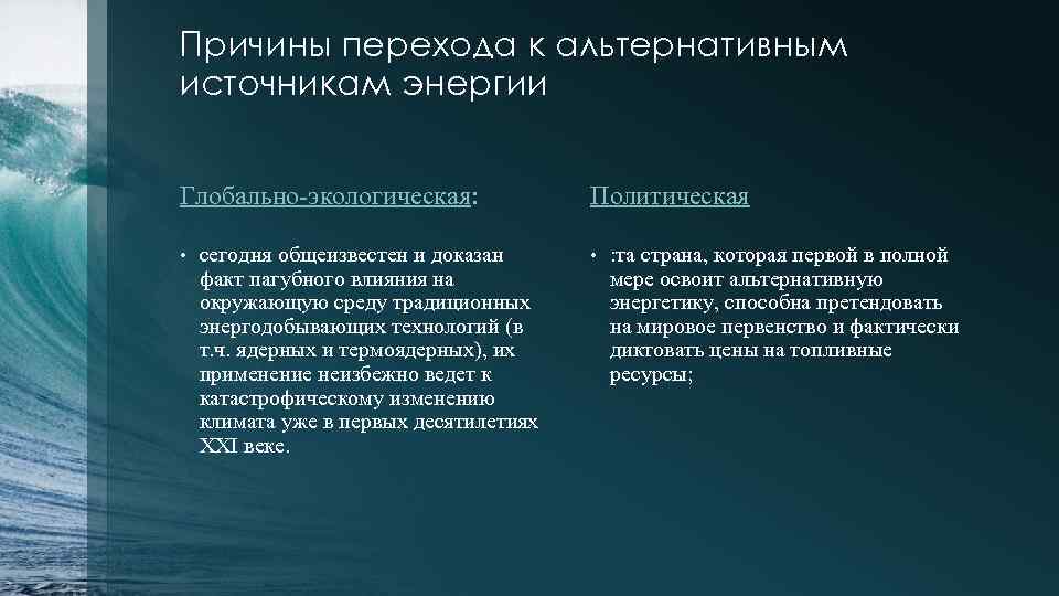 Причины перехода к альтернативным источникам энергии Глобально-экологическая: • сегодня общеизвестен и доказан факт пагубного