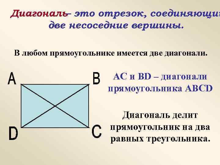 Диагональ– это отрезок, соединяющий две несоседние вершины. В любом прямоугольнике имеется две диагонали. AC