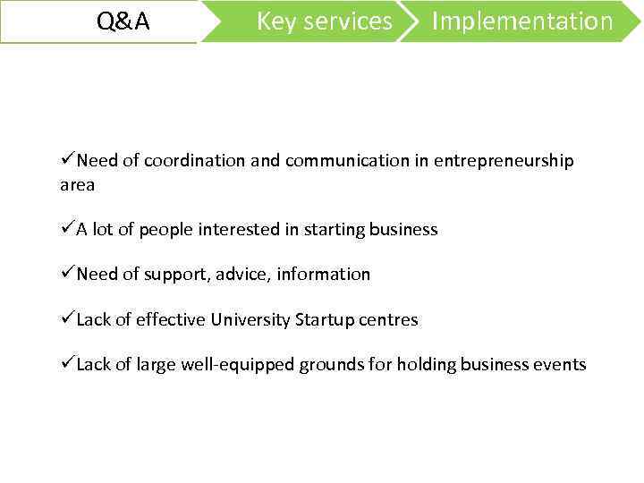Q&A Key services Implementation üNeed of coordination and communication in entrepreneurship area üA lot