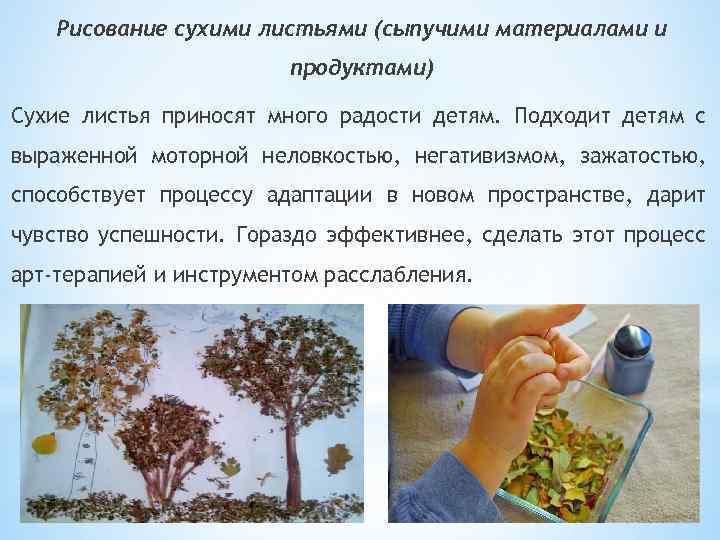 Рисование сухими листьями (сыпучими материалами и продуктами) Сухие листья приносят много радости детям. Подходит