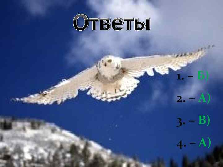 Ответы 1. – Б) 2. – А) 3. – В) 4. – А) 