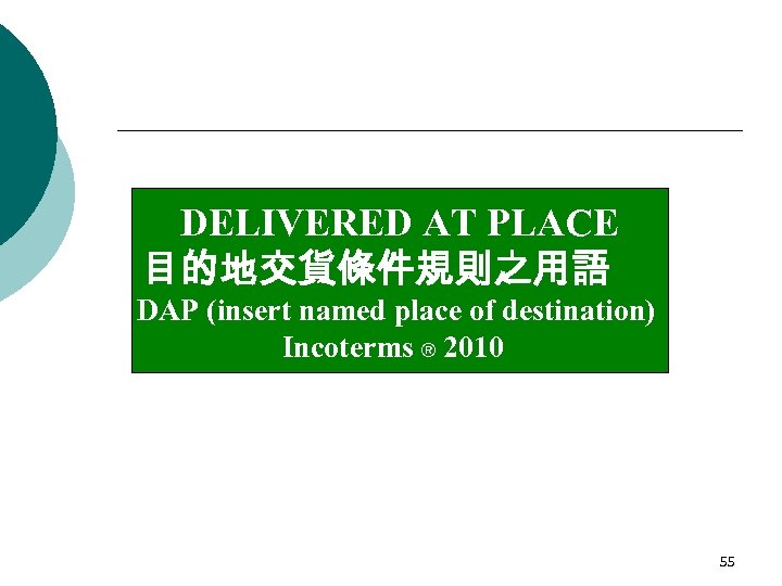DELIVERED AT PLACE 目的地交貨條件規則之用語 DAP (insert named place of destination) Incoterms ® 2010 55