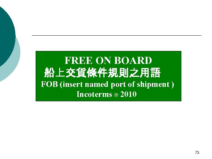 FREE ON BOARD 船上交貨條件規則之用語 FOB (insert named port of shipment ) Incoterms ® 2010